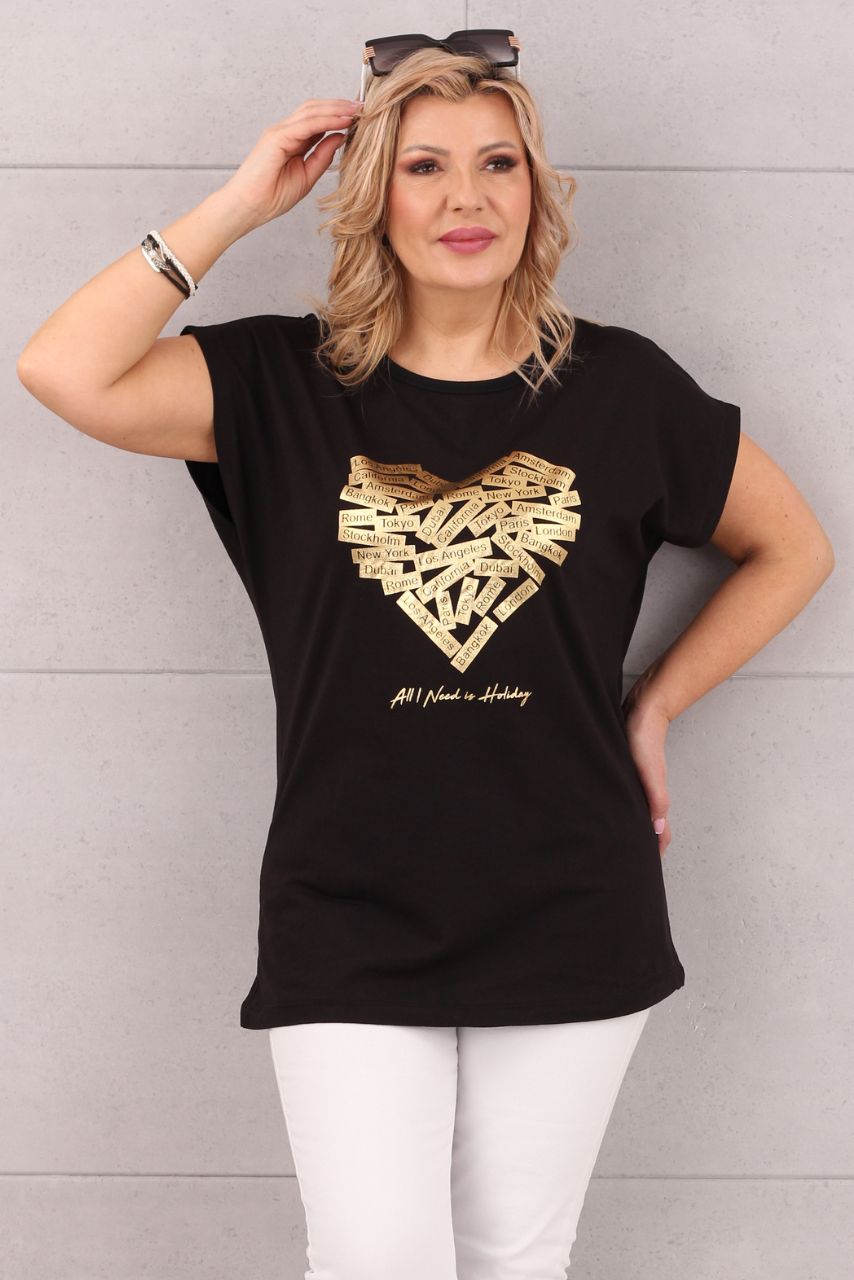 Bawełniany t-shirt damski z sercem czarny