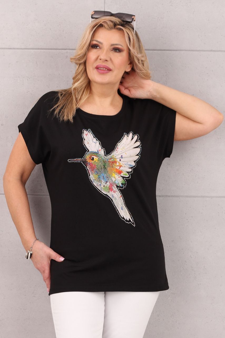 Czarny luźny t-shirt z kolibrem