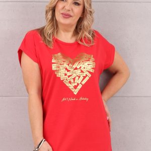 Bawełniany t-shirt damski z sercem czerwony