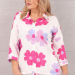 Elegancka bluzka z kołnierzem biała w kwiaty