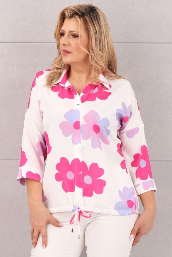 Elegancka bluzka z kołnierzem biała w kwiaty