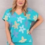 Turkusowa bluzka damska ze ściągaczem na dole