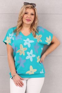 Turkusowa bluzka damska ze ściągaczem na dole