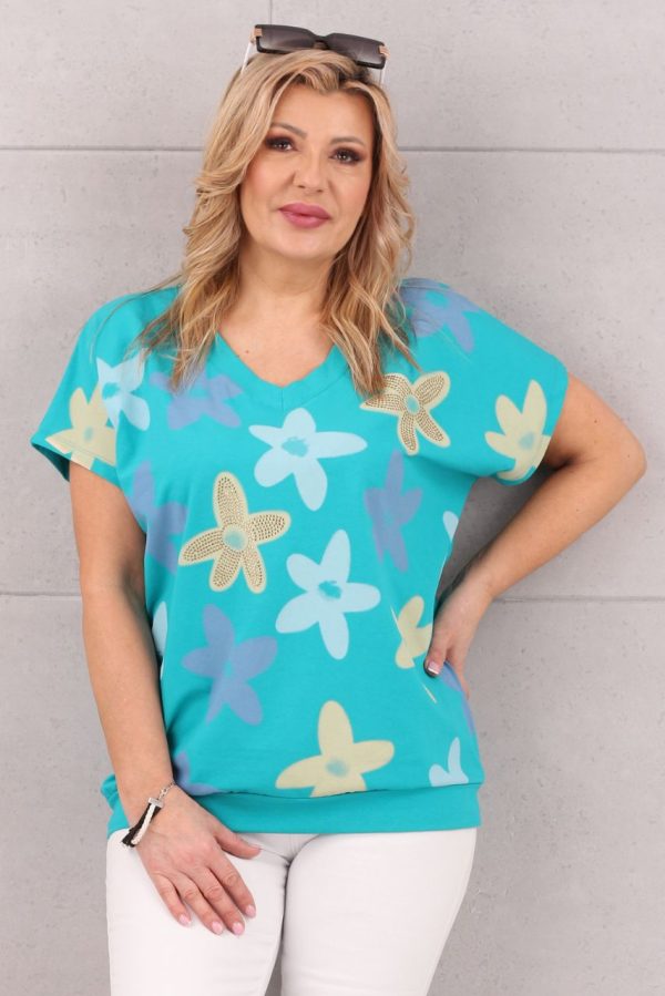 Turkusowa bluzka damska ze ściągaczem na dole