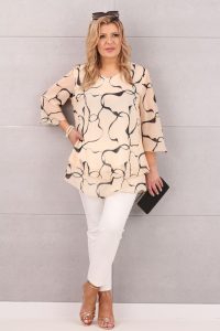 Zwiewna szyfonowa tunika beżowa w czarne wzory