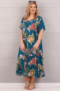 Turkusowa sukienka w duże kwiaty