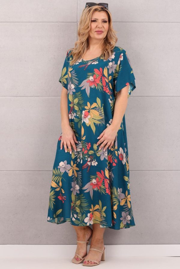 Turkusowa sukienka w duże kwiaty