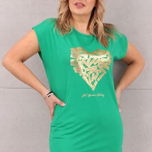 Bawełniany t-shirt damski z sercem zielony