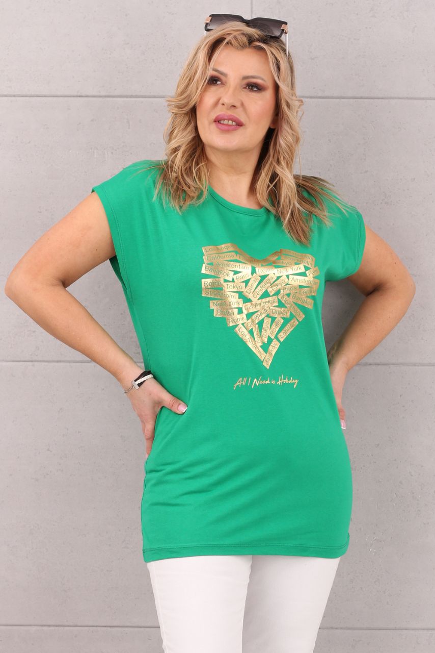 Bawełniany t-shirt damski z sercem zielony