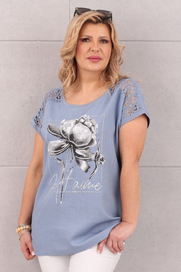 bluzka z koronkowym rękawem niebieska