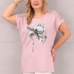 bluzka z koronkowym rękawem pudrowa