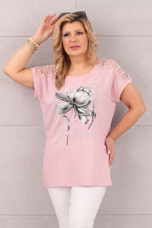 bluzka z koronkowym rękawem pudrowa