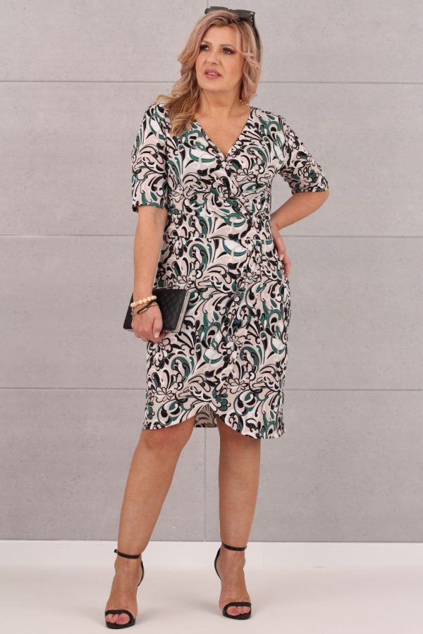 Beżowo-zielona kopertowa sukienka midi