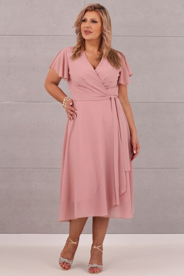 Rozkloszowana sukienka midi wiązana pudrowa