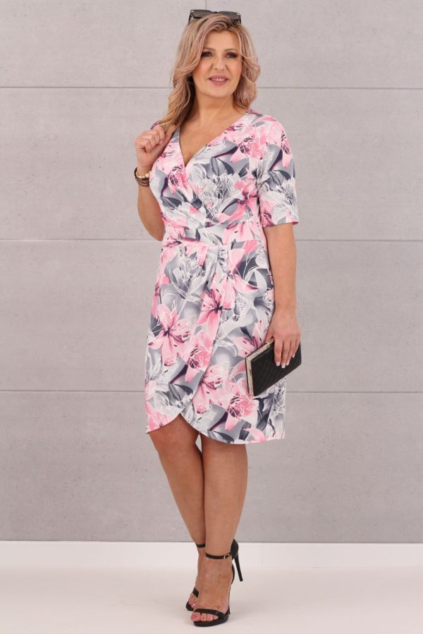 Szaro-różowa kopertowa sukienka midi