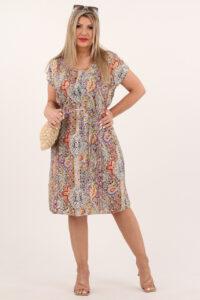 Fioletowa sukienka w turecki wzór ze sznurkiem w talii