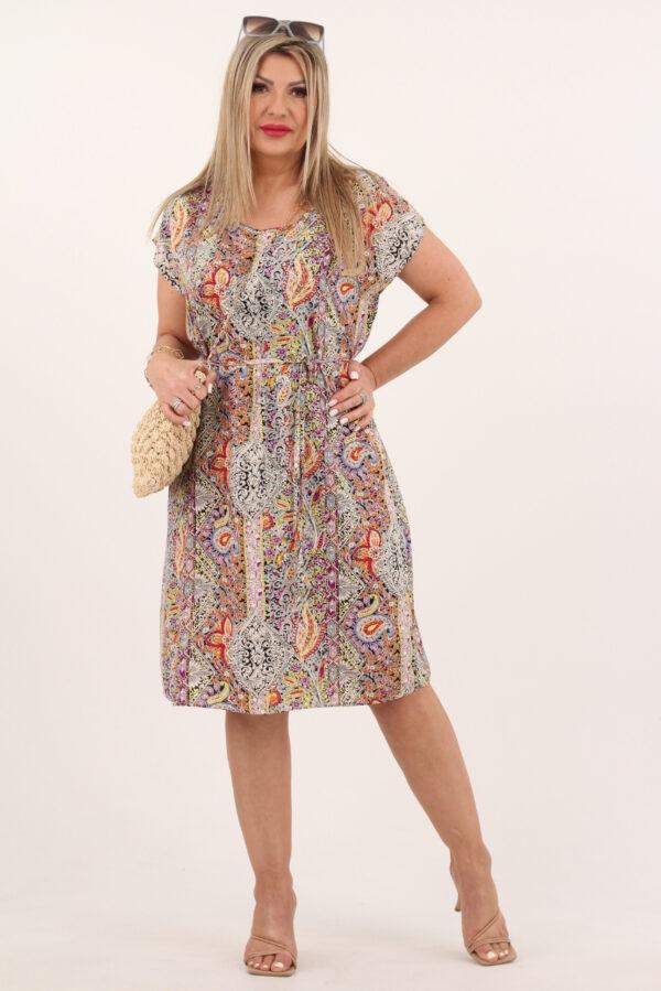 Fioletowa sukienka w turecki wzór ze sznurkiem w talii