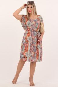 Pomarańczowa sukienka w turecki wzór ze sznurkiem w talii