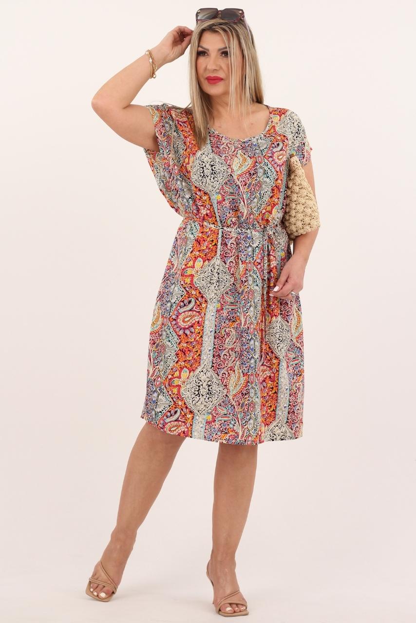 Pomarańczowa sukienka w turecki wzór ze sznurkiem w talii