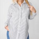 Bawełniana koszula damska biała w grafitowe paski
