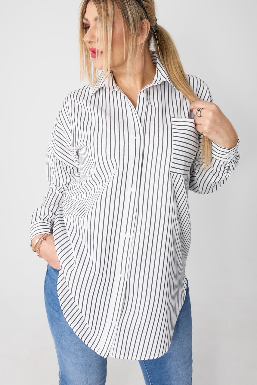 Bawełniana koszula damska biała w grafitowe paski