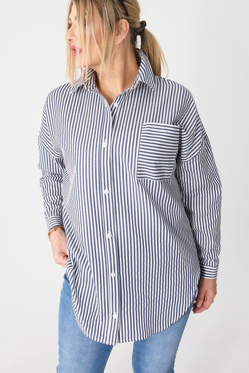 Bawełniana koszula damska w paski biało-jeansowa