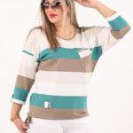 Bluzka w paski z wiązaniem na dole turkusowo-beżowa