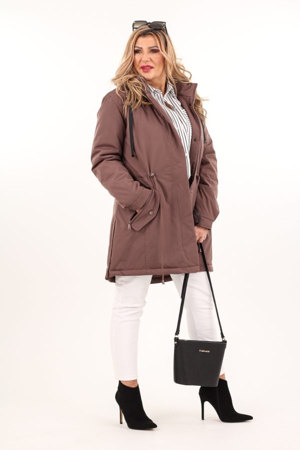 Brązowa parka z kapturem damska przejściowa