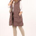 Bezrękawnik damski długi z kapturem brązowy