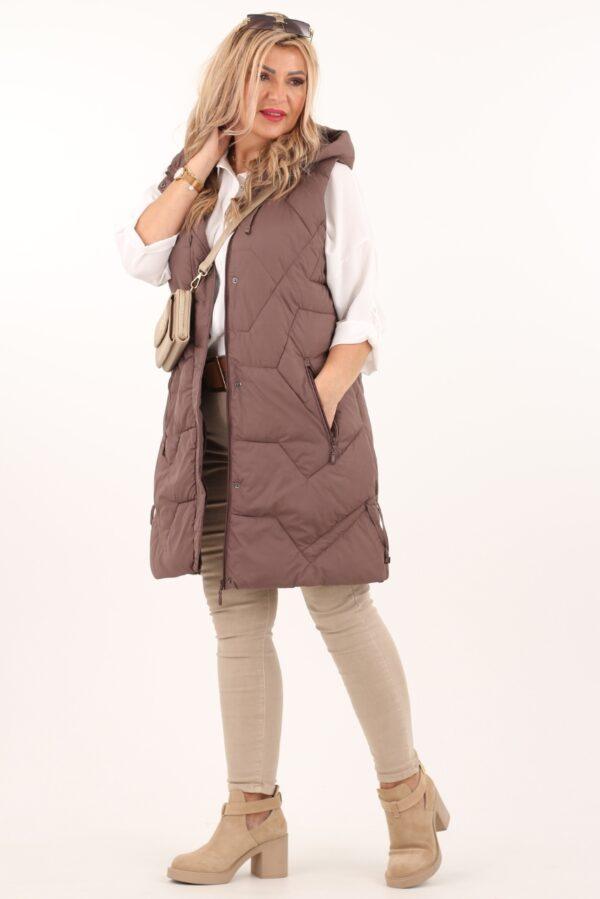 Bezrękawnik damski długi z kapturem brązowy