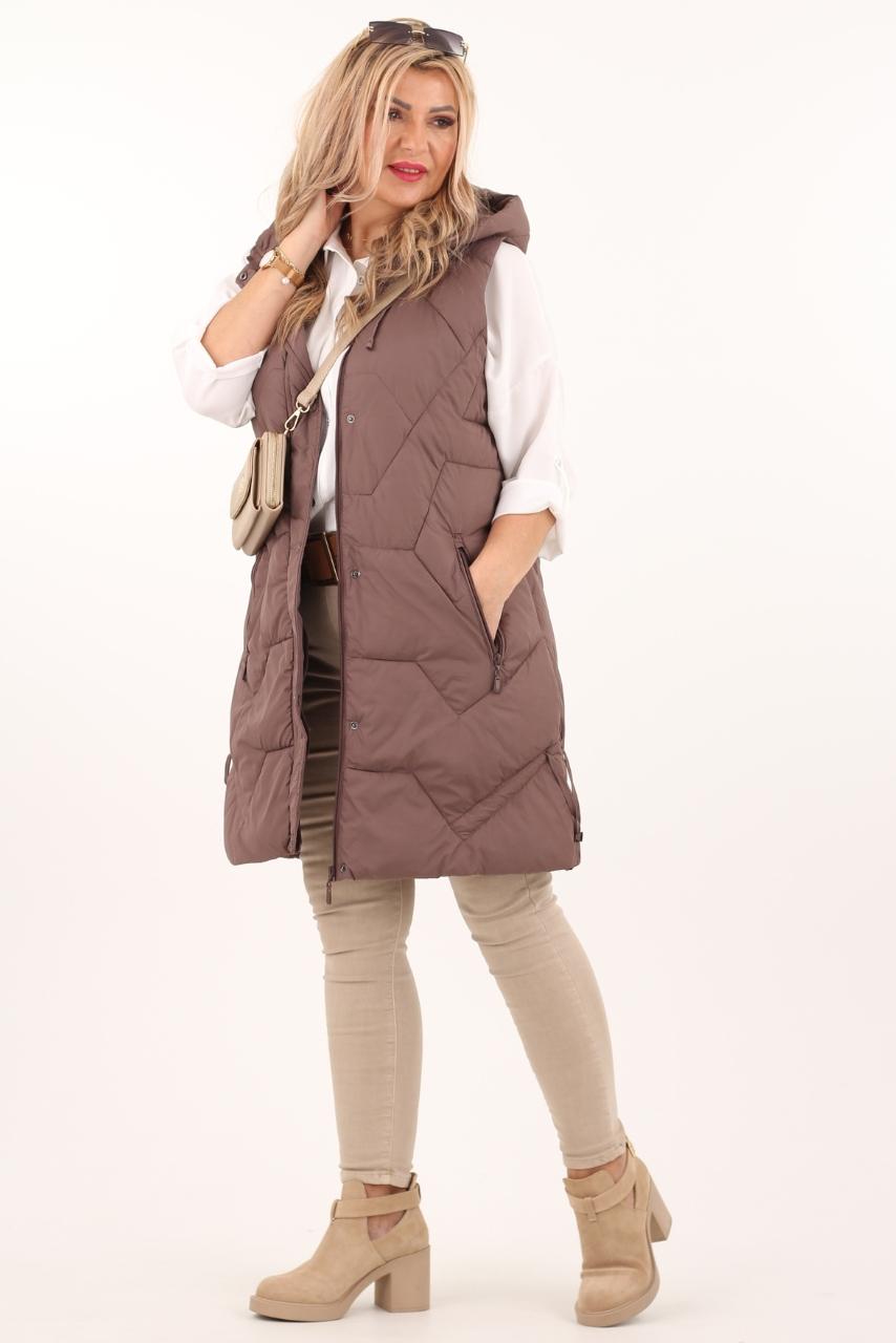 Bezrękawnik damski długi z kapturem brązowy