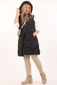Bezrękawnik damski długi z kapturem czarny