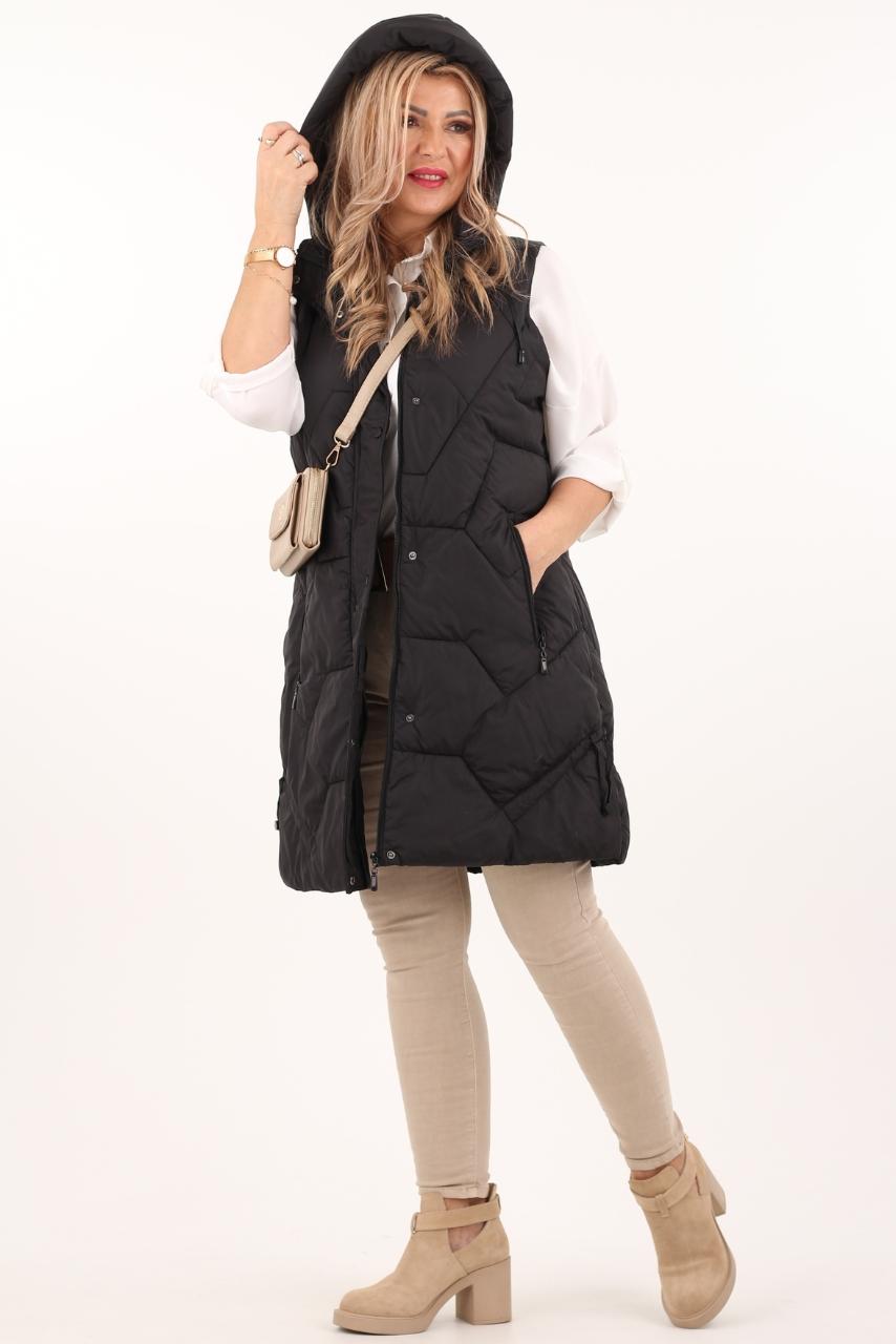 Bezrękawnik damski długi z kapturem czarny