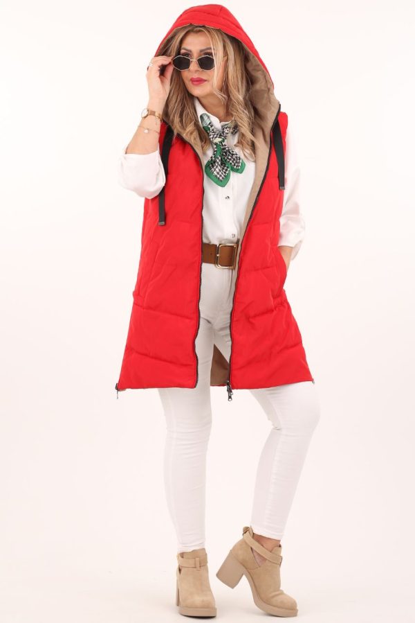 Kamizelka dwustronna damska czerwono-beżowa