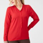 Bluzka z falbanką na dekolcie czerwona