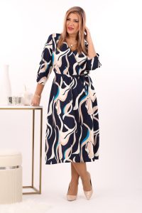 Granatowo-beżowa sukienka z kopertowym dekoltem