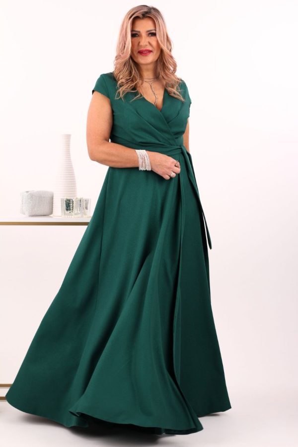 Sukienka wieczorowa maxi z rozcięciem butelkowa zieleń