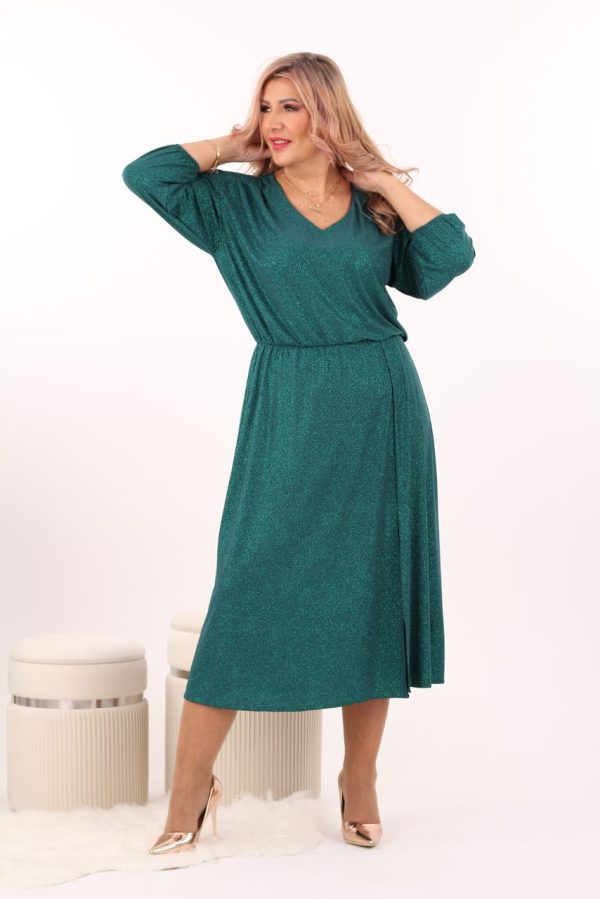 Zielona brokatowa sukienka plus size długa z rozcięciem 44–52