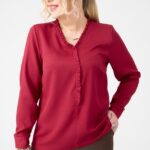 Bluzka z falbanką na dekolcie wiśniowa