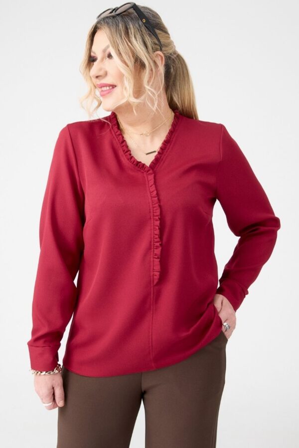 Bluzka z falbanką na dekolcie wiśniowa