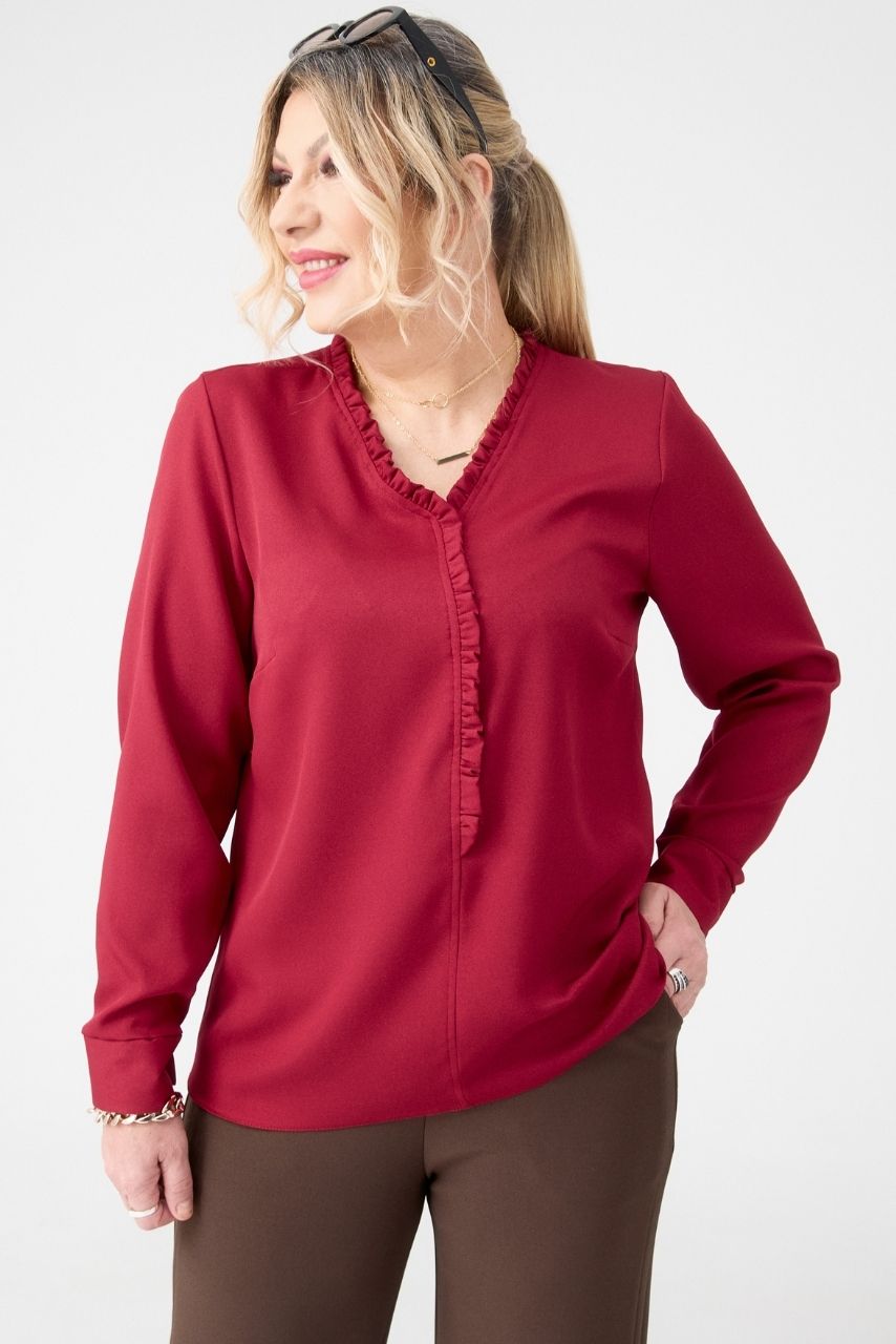 Bluzka z falbanką na dekolcie wiśniowa