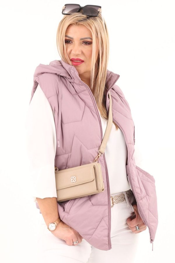 Bezrękawnik pikowany z kapturem różowy plus size