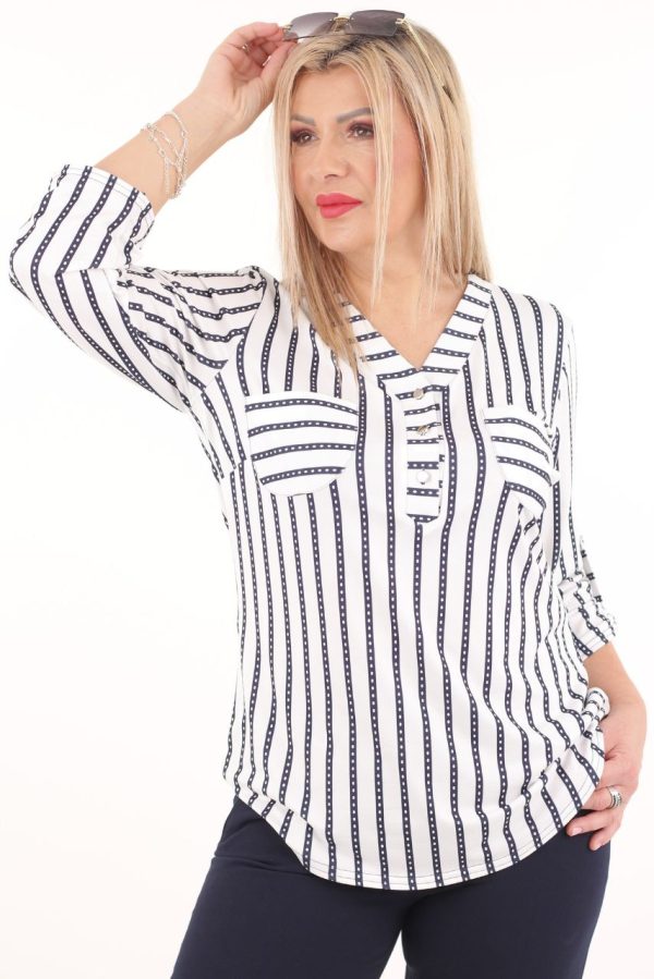 Biało-czarna bluzka z guzikami na dekolcie