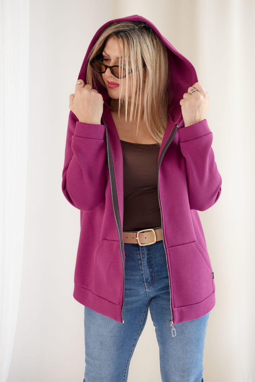 Bluza dla puszystych kobiet plus size rozpinana z kapturem amarantowa