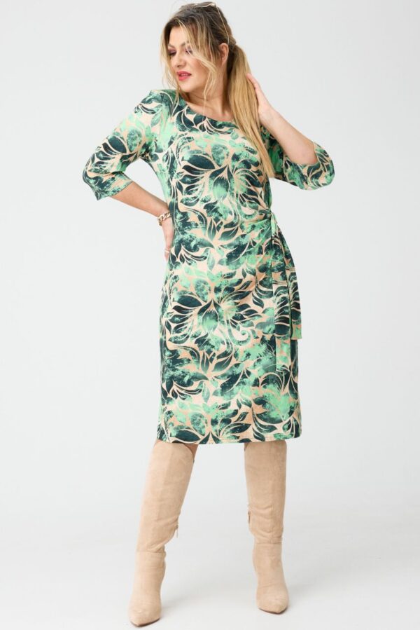 Sukienka z wiązaniem z boku zielona w liście