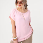 Różowa gładka bluzka plus size z krótkim rękawem