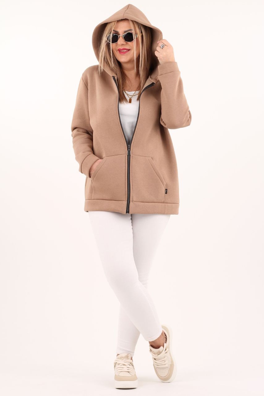 Bluza dla puszystych kobiet plus size rozpinana z kapturem beżowa