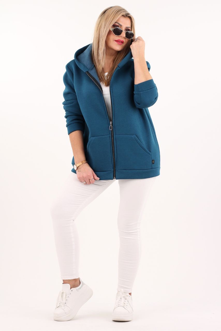 Bluza dla puszystych kobiet plus size rozpinana z kapturem niebieska