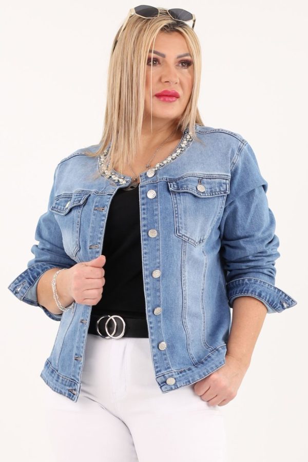 Kurtka jeansowa chanelka plus size z cyrkoniami