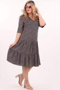 Kwiecista sukienka z falbanami granatowo-żółta